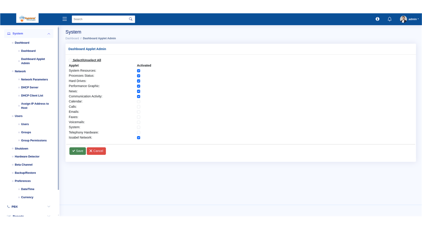 Dashboard Applet Admin